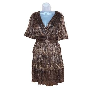 Alexa B Nites Dress Women 10 Bronze Metallic Tiered Ruffle Party Cocktail NYE